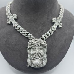 925 Silver Moissanite Jesus Cuban Link Cross Necklace 228.5g 19mm
