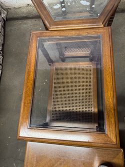 Wood and Glass Top End Tables with Cane Shelf