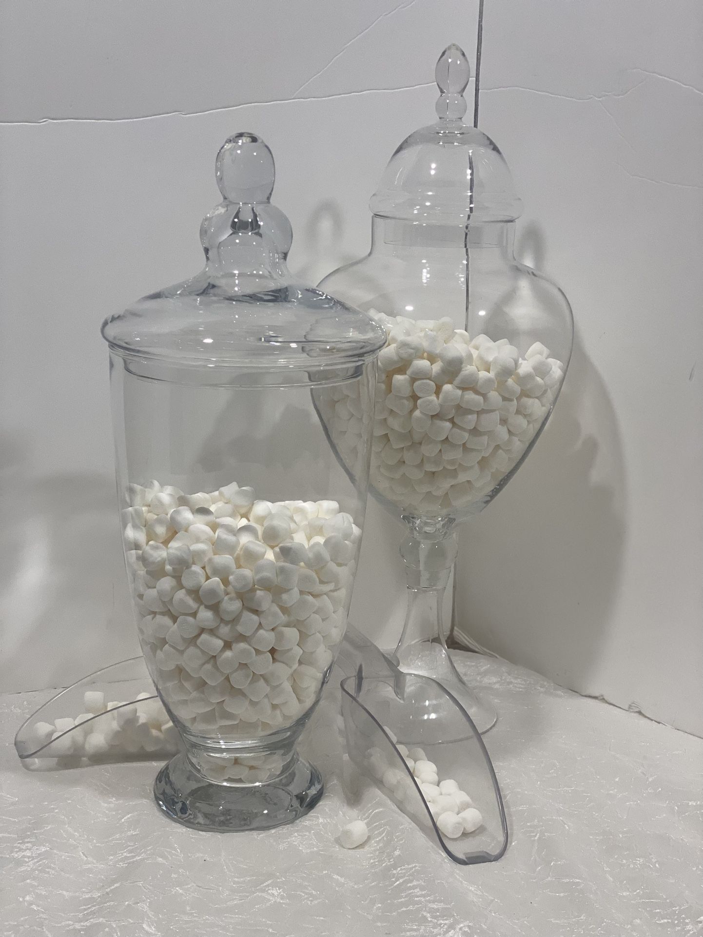 Glass Candy Buffet Apothecary Jar, H-21.5" And 17 1/2” H With Plastic Clear Shovels 