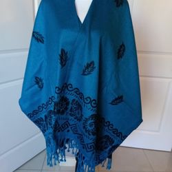 Artisanal Womens Poncho REVERSIBLE BLUE BLACK Sides
