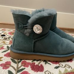 UGG Mini Bailey Button Bling Boot Shoe Teal/blue Sheepskin Swarovski Boots!