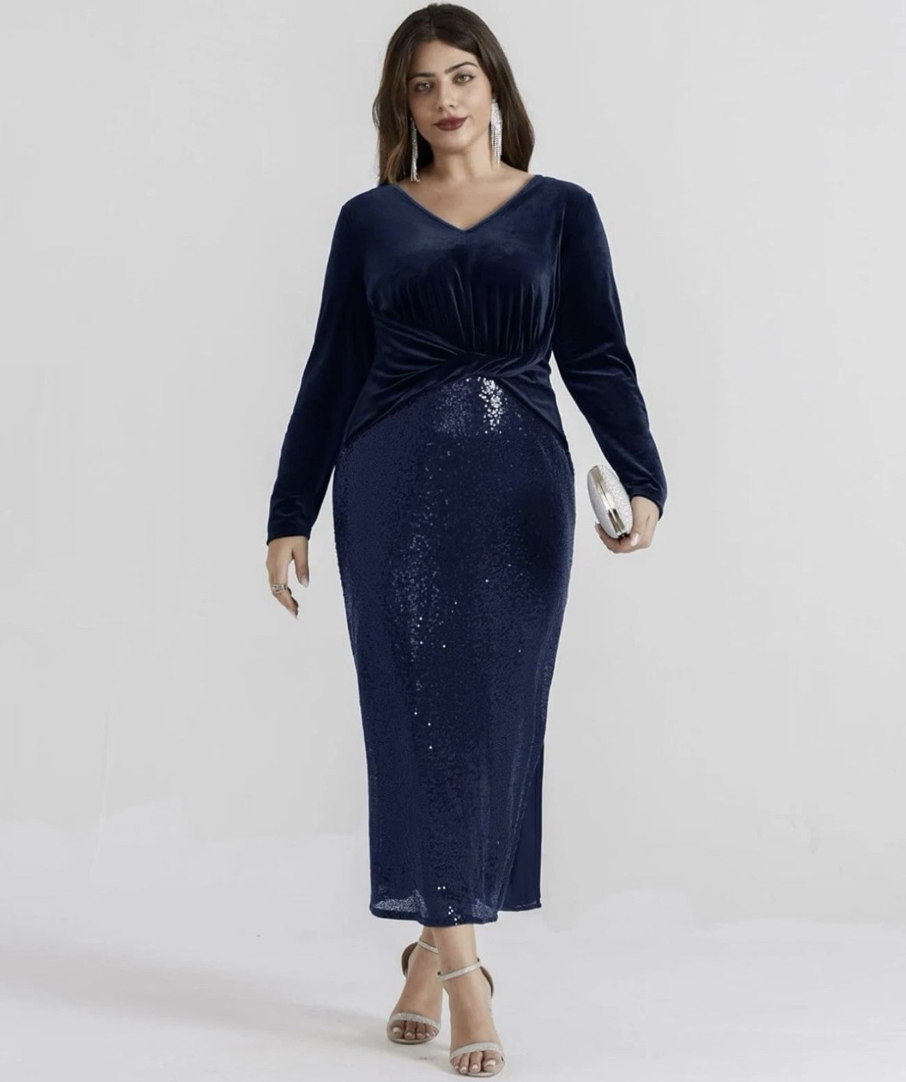 Women’s Plus Size 20W Hanna Nikole Velour Side Slit Sequin Dress V-Neck Blue