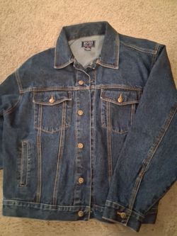 Mens lg Merrill Forbes outfitters denim jacket, inner and outer pockets, unlined, pre-owned
