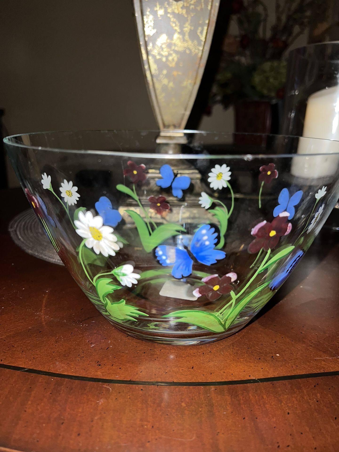 Lenox Butterflies and Blossoms Hand Painted 9" Serving Salad Glass Bowl EUC 