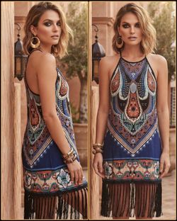 BOHEMIAN BOHO BLUE PAISLEY HALTER SKIRT DRESS KEYHOLE NECKLINE BLACK FRINGE HEM SMALL SM