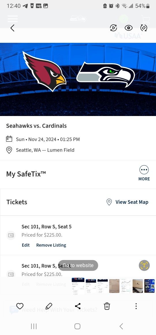 Seattle Seahawks Vs Arizona Cardinals Sunday November 24th 1:25pm