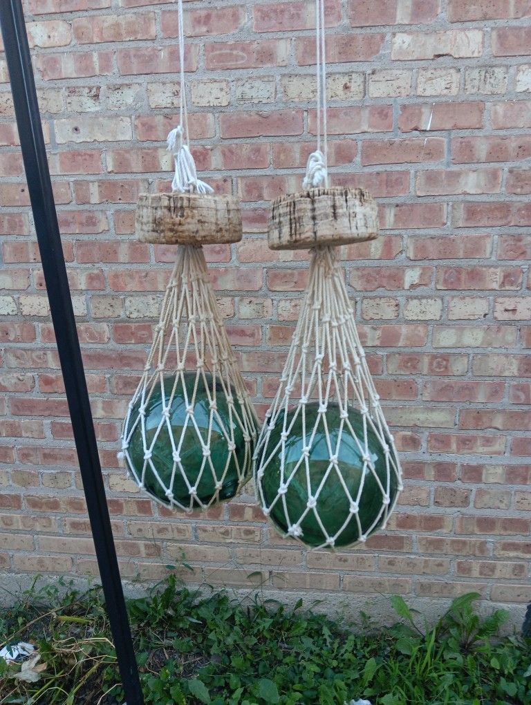 Set Of Two Pieces Vintage Nautical Glass Float With Rope Netting Hanging