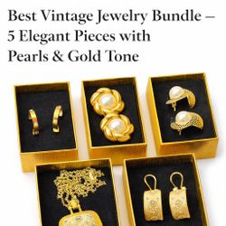 Luxury Gold Jewelry Bundle – 5 Pieces (Buccellati Style Necklace + Pearl & Statement Earrings)