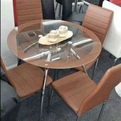 Dining Table Brown, Glass Top, 4 Chairs 