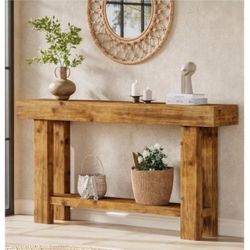 F2322) 63-Inch Solid Wood Long Console Table, Farmhouse Narrow Entryway Sofa Table with 2-Tier Storage, for Living Room, Hallway, Entrance, Rustic