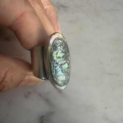 Vintage 925 Solid Sterling Silver Mexico Abalone Shell Elongated Ring . Size 9 , Because The Band Width, This Will Fit 8.5. Hallmarked 925 Mexico ATI,