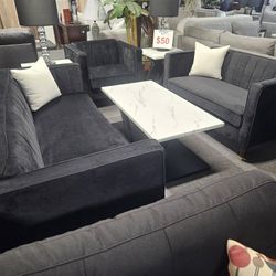 Brand New Black Velvet 3PCs Sofa Set