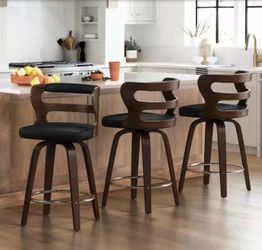 Set Of 3 Arabela 26 in. Black Solid Wood Swivel Bar Stool Faux Leather Kitchen Counter Stool with Walnut Frame