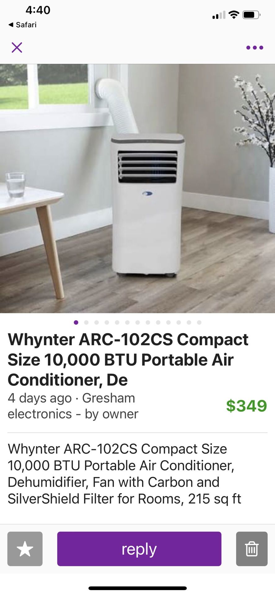 Whynter ARC-102CS Compact Size 10,000 BTU Portable Air Conditioner, Dehumidifier, Fan with Carbon and SilverShield Filter for Rooms, 215 sq ft