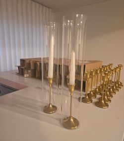 Gold Taper Candlestick Holders with Glass Hurricanes - Table Centerpieces
