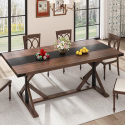 71 Inch Dining Table for 6 People, Rectangular Kitchen Farmhouse Table W/Thickness Waterproof Wood Tabletop,Long Dining Room Tables W/Wood Strip Base 