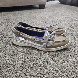 Sperry Top-Sider Boat Shoes Women’s 8 Tan Gray Leather Lace Up Loafers