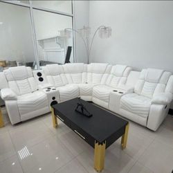 White Leather Recliner With Lights And Speakers Power Sectional 