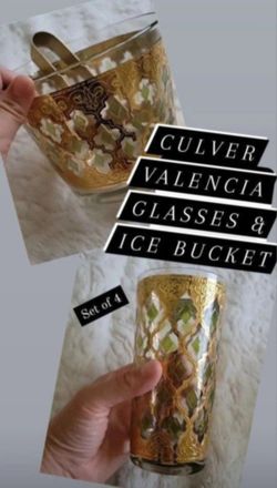 Vintage 24k Gold Culver Valencia Tall Glasses(set of 4) & Ice Bucket