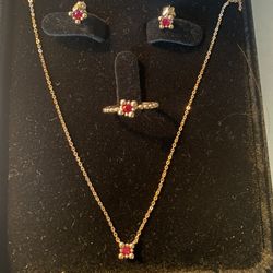 14k Rose Gold With Ruby Zirconia Set ( Earrings+necklace+ring) 