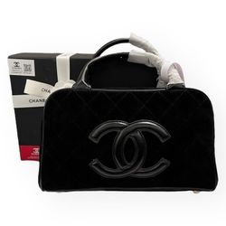 CHANEL Quilted Black On Black Bowler Top Handle Beaute Bag