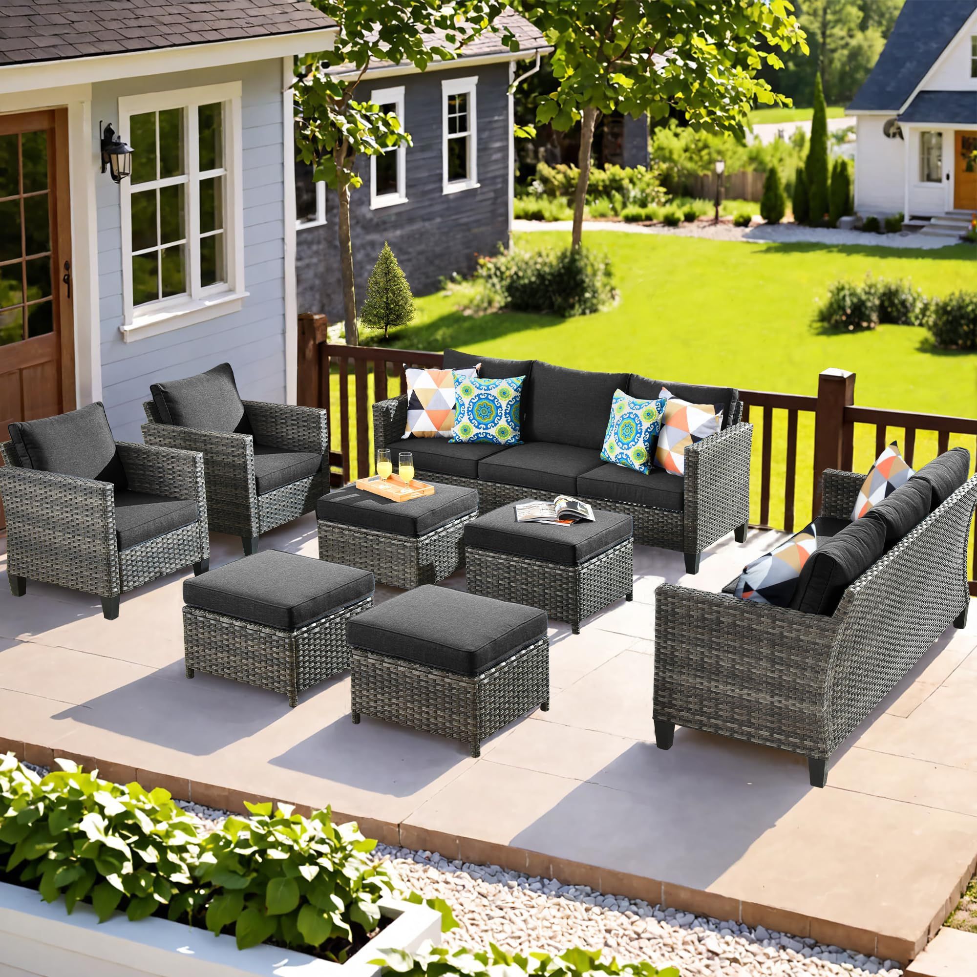 ovios Patio Furniture Set, 8 Pieces Outdoor Wicker Sofa Couch with Chairs, Ottomans and Comfy Cushions, All Weather High Back Rattan Conversation Set,