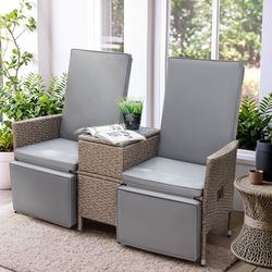 New Patio Recliner All-Weather Wicker Outdoor Loveseat Lounge Chairs with Built-in Storage Table for Balcony, Porch, Lawn, Gray  New in box LCRC23-032