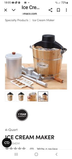 Electric ice cream maker produces up to 4 quarts of homemade ice cream