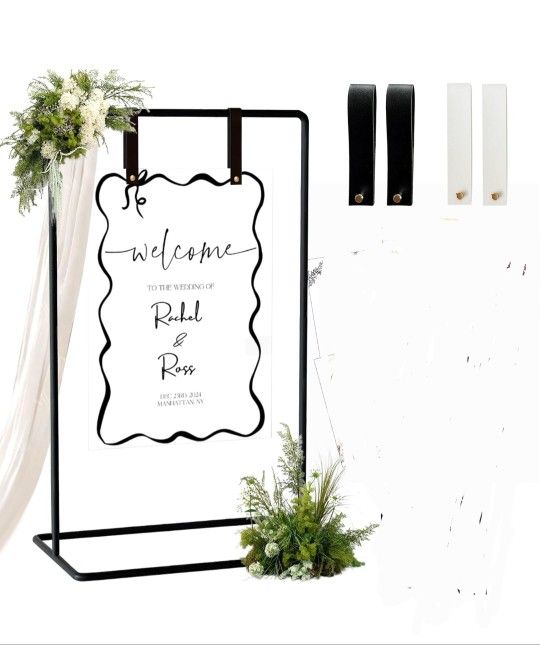 Wedding Sign Holder, Adjustable Welcome to Our Wedding Sign Stand W/Design Bundle & Leather Sign Hanging Straps, Heavy Duty Easel Stand for Sign, Wedd