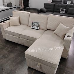 Beautiful 3-Pc Beige Corduroy Sectional Sofa Set