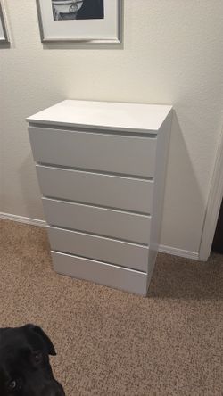 Five drawer 2 1/2 feet wide by 2 feet deep white dresser