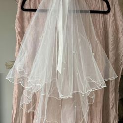 Veil with blusher - Pearls and bow - long sheer white gloves