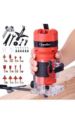 Compact Palm Router Tool, 800W Hand Wood Trimmer with 12PCS 1/4" Router Bits for Woodworking