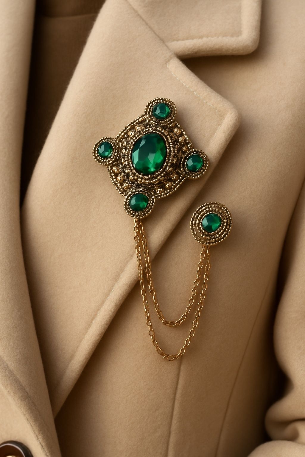 Vintage-Style Green Gem Brooch with Dual Chains – Elegant Pin for Coats or Blazers New