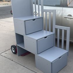 Nice New Grey 3 Step Wooden Staircase w/ Banister & Storage Drawers for Low Loft Bed or Bunkbed