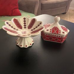 Ceramic Folk Art Pedestal Bowl and Lidded Box Set
