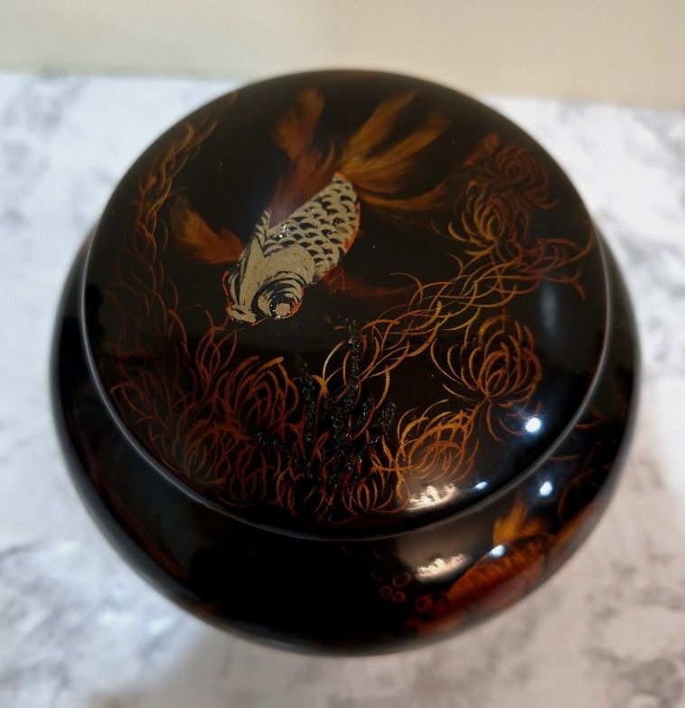 ANTIQUE WOODEN LACQUERWARE BLACK GOLDFISH KOI CENSER COVERED JAR BOWL TEA