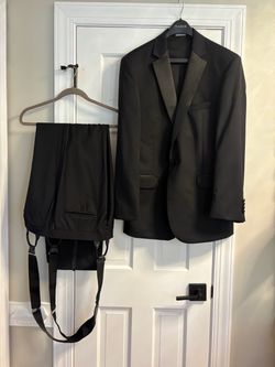 Jos. A. Bank Black Traveler Tuxedo Jacket and Pants with Satin Lapel - Size 42R and Pants Size 34” x 32”