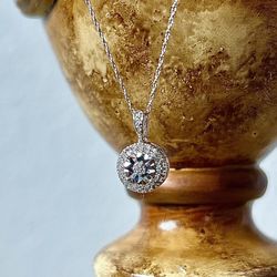 Lovely 1/10 CT. T.W. Double Halo Diamond Pendant Necklace in Sterling Silver 18" Like New