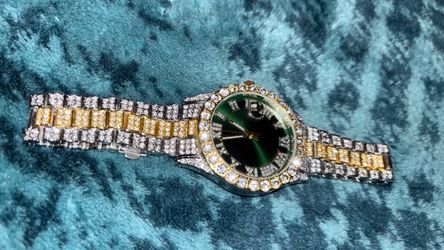 Iced Out Two-Tone Watch Green Dial