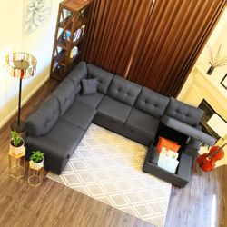 KaMic 118" 5-Seat Fabric U-Shaped Left Facing Sectional Sleeper Sofa Upholstery with Storage Chaise and Pull Out Sleeper