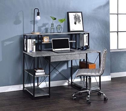 Brand New Industrial Faux Concrete Desk with Hutch