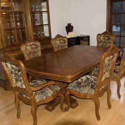 Ethan Allen Tuscany Verona Dining Set- Inlaid Wood Table, 6 chairs, Cabinet plus  Hutch with Lights