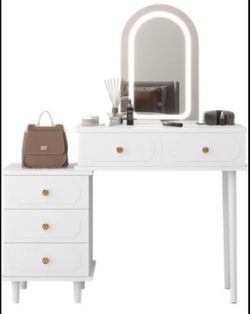 Garvee Makeup Vanity Desk with Mirror and Lights, Modern White Vanity Table with 2 Drawers & Adjustable 3-Drawer Cabinet, Wood Dressing Table for Bedr
