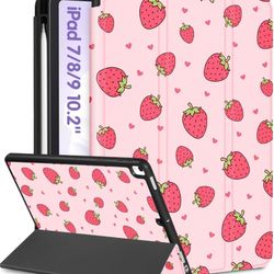 iPad 9th/8th/7th Generation Case 10.2 Inch Girls Cute Kids Women Folio Smart Cover Pencil Holder, Strawberry Design