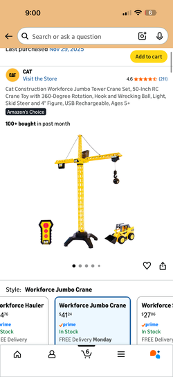 Cat Construction Workforce Jumbo Tower Crane Set, 50-Inch RC Crane Toy with 360-Degree Rotation, Hook and Wrecking Ball, Light, Skid Steer