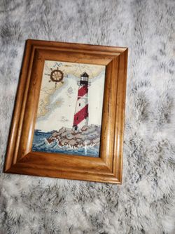 Vintage Framed Lighthouse Cross-Stitch Wall Art