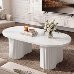 47" Oval Coffee Table with Fluted Base, Modern White Center Table for Living Room, Bedroom & Office