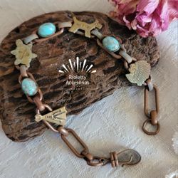 Vintage Native Themed COPPER BRACELET with Incrusted Turquoise
