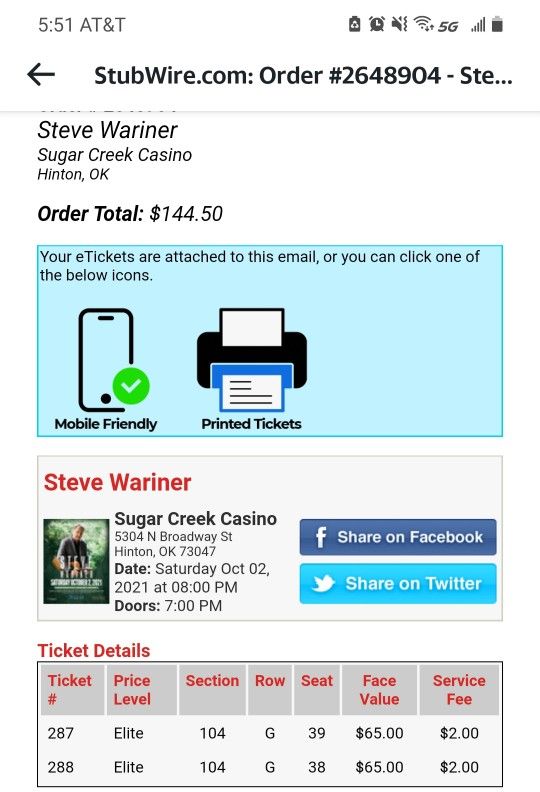 2 Steve Wariner Tickets 